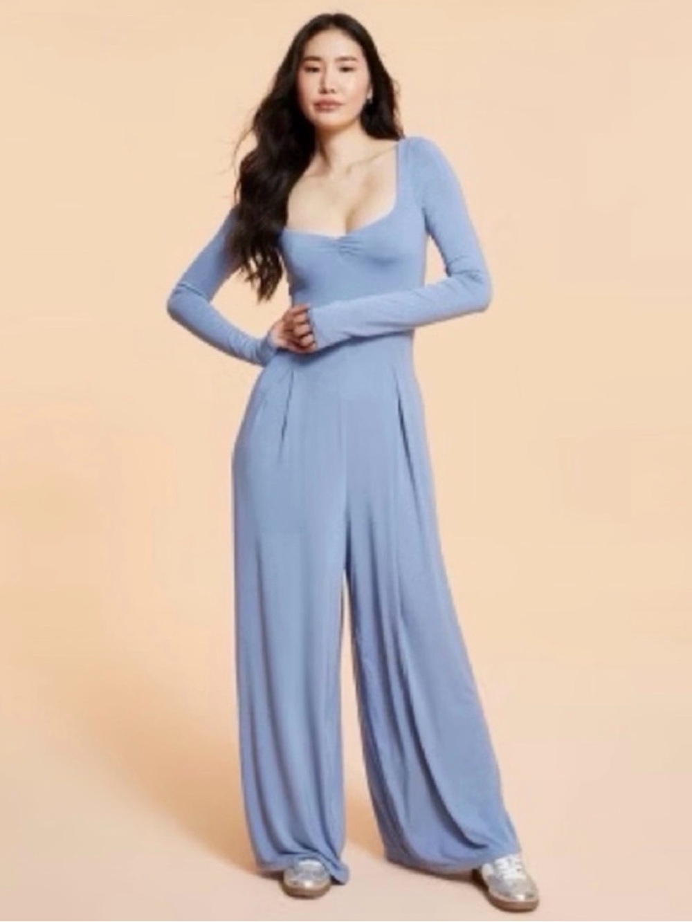 Long Sleeve Scoop Neck Wide-Leg Jumpsuit - Light Blue